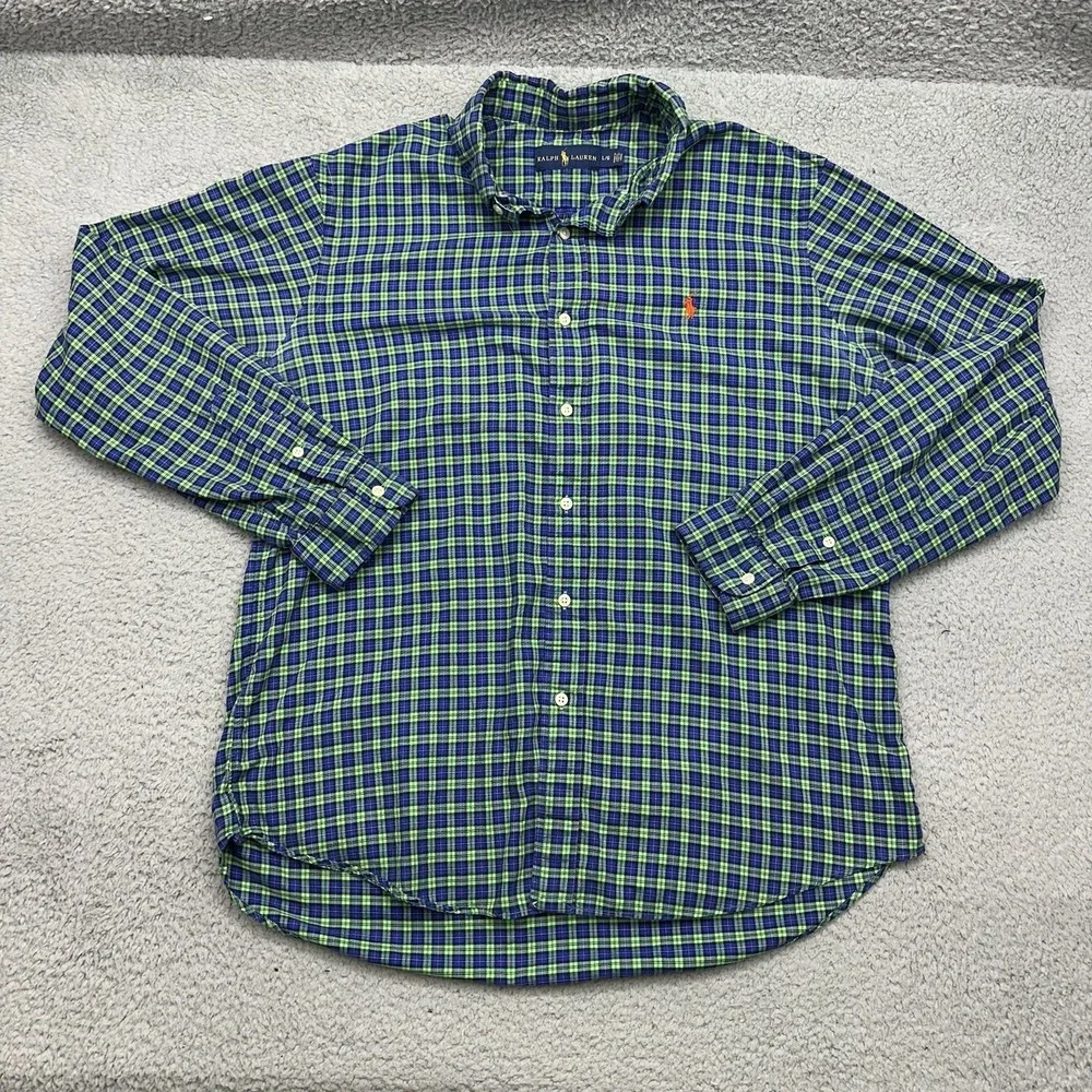 Ralph Lauren Polo Mens Large Green Plaid Orange Pony Brush Twill Button Up Shirt